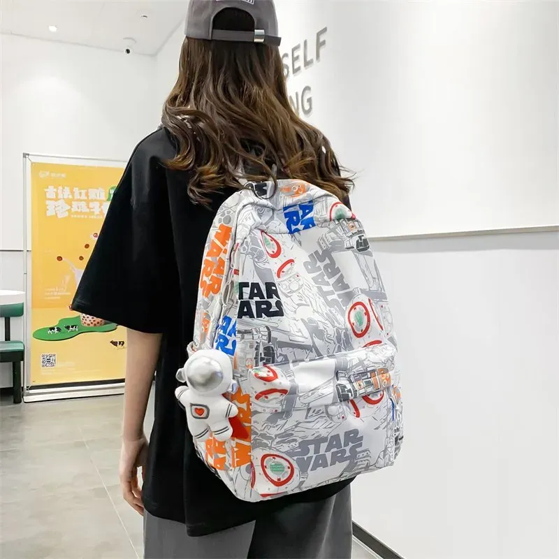 Tas Ransel Wanita Bahan Nylon Motif Print Warna Putih Bentuk Kotak Tali Panjang Grosir Import