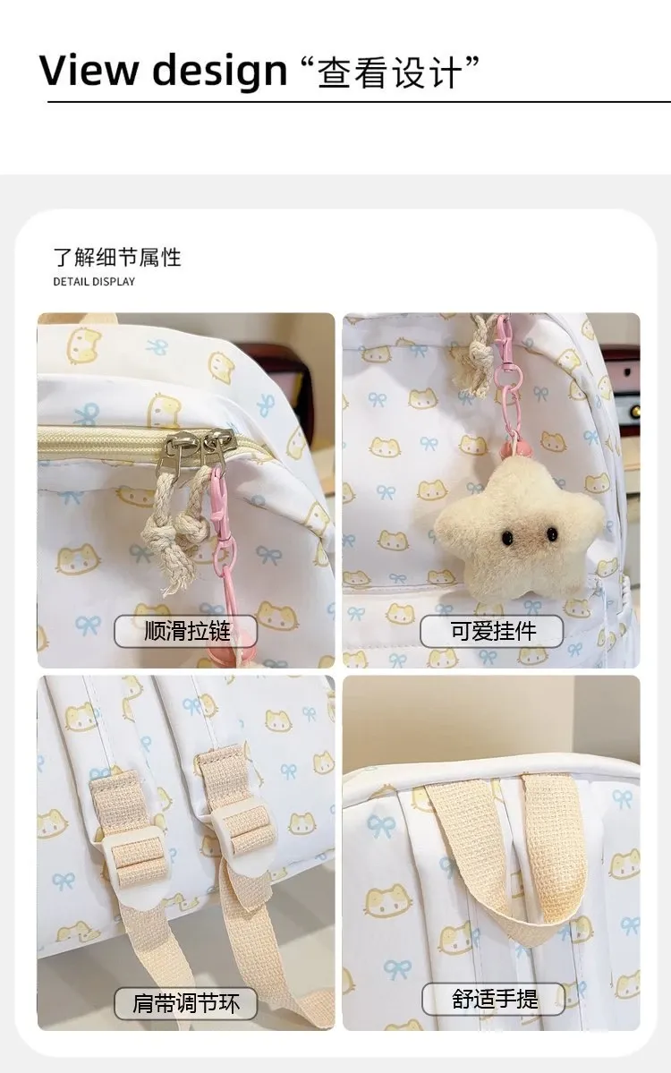 Tas Ransel Wanita Bahan PU Sintetis Motif Print Warna Putih Bentuk Kotak Tali untuk Travel