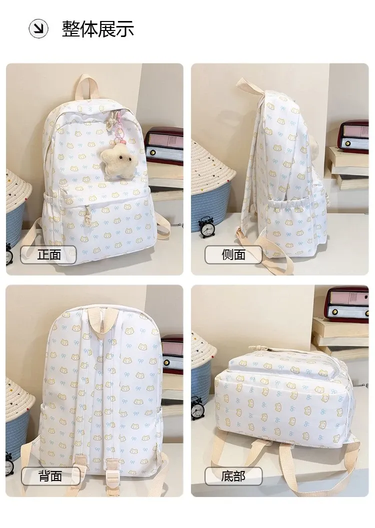 Tas Ransel Wanita Bahan PU Sintetis Motif Print Warna Putih Bentuk Kotak Tali untuk Travel