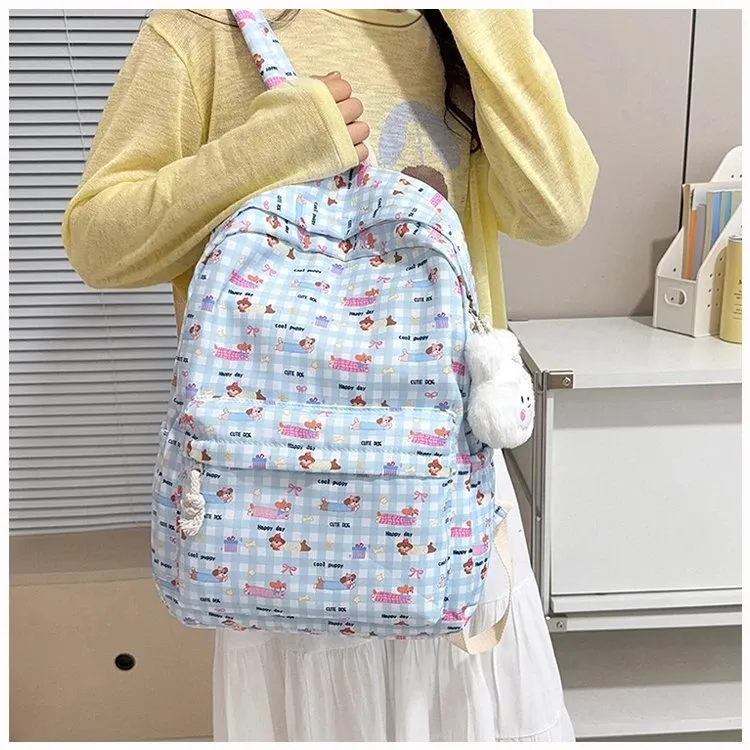 Tas Ransel Wanita Bahan PU Sintetis Motif Print Warna Putih Bentuk Kotak Tali untuk Travel