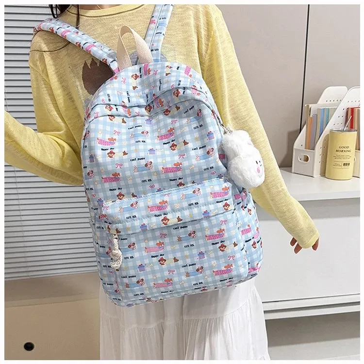 Tas Ransel Wanita Bahan PU Sintetis Motif Print Warna Putih Bentuk Kotak Tali untuk Travel