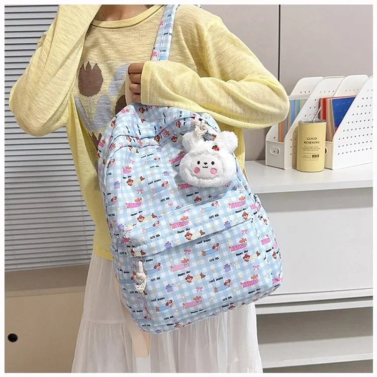 Tas Ransel Wanita Bahan PU Sintetis Motif Print Warna Putih Bentuk Kotak Tali untuk Travel