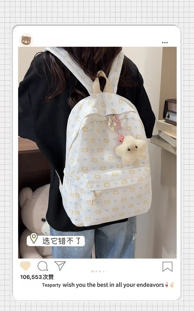 Tas Ransel Wanita Bahan PU Sintetis Motif Print Warna Putih Bentuk Kotak Tali untuk Travel
