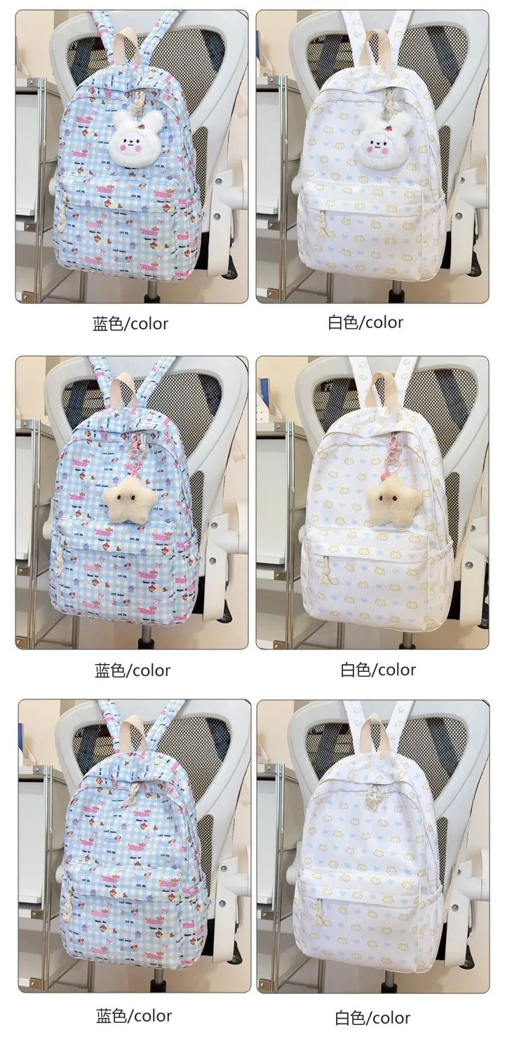 Tas Ransel Wanita Bahan PU Sintetis Motif Print Warna Putih Bentuk Kotak Tali untuk Travel