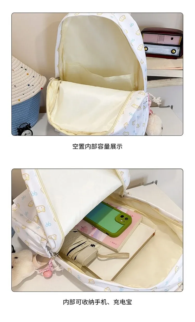 Tas Ransel Wanita Bahan PU Sintetis Motif Print Warna Putih Bentuk Kotak Tali untuk Travel