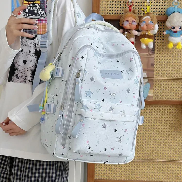 Tas Ransel Wanita Bahan Oxford Motif Print Warna Pink Bentuk Kotak Tali Lebar Grosir Import