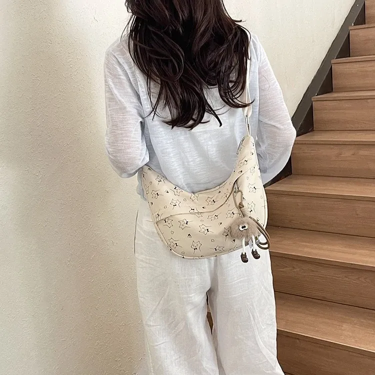 Tas Selempang Wanita Bahan Kanvas Motif Print Bentuk Crescent Tali Panjang Grosir Import