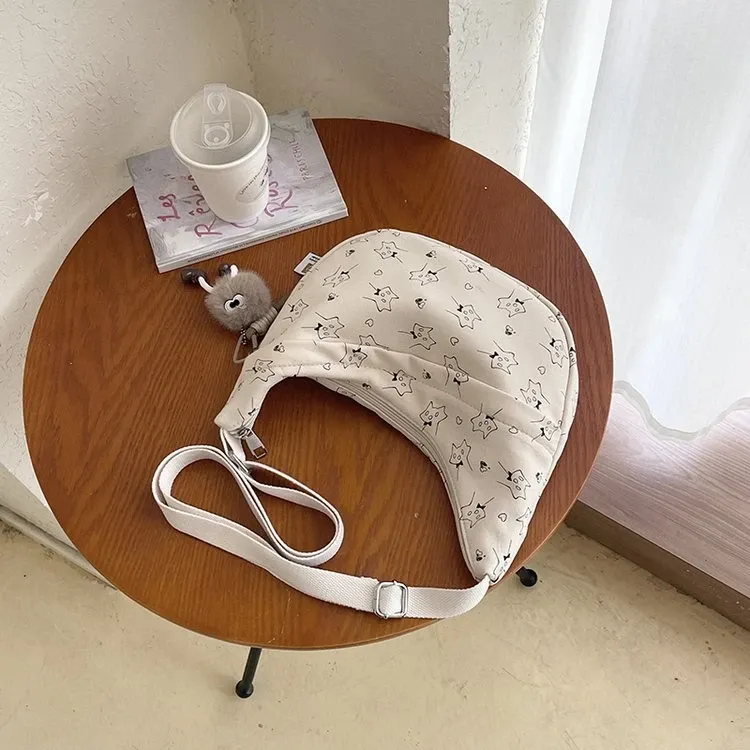 Tas Selempang Wanita Bahan Kanvas Motif Print Bentuk Crescent Tali Panjang Grosir Import