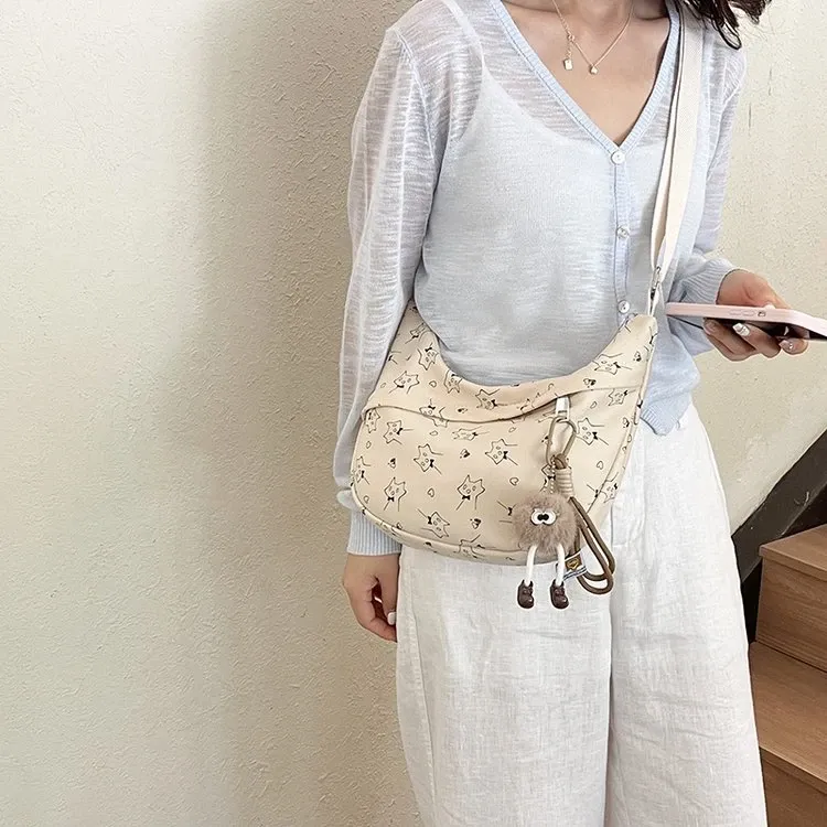 Tas Selempang Wanita Bahan Kanvas Motif Print Bentuk Crescent Tali Panjang Grosir Import