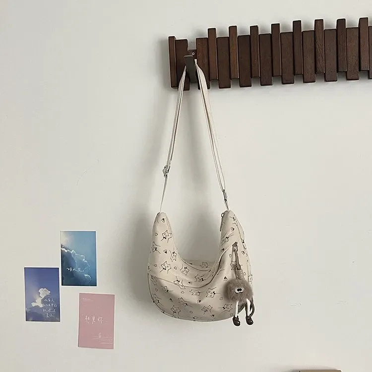 Tas Selempang Wanita Bahan Kanvas Motif Print Bentuk Crescent Tali Panjang Grosir Import