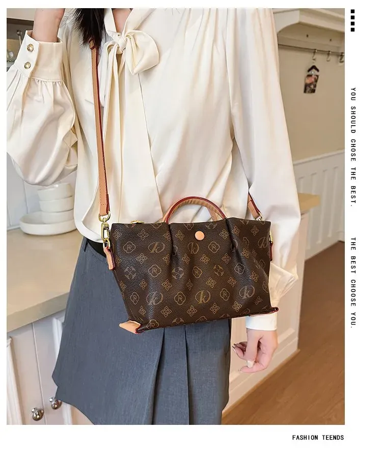 Tas Selempang Wanita Bahan PU Sintetis Motif Print Bentuk Kotak Tali Panjang Warna Beige