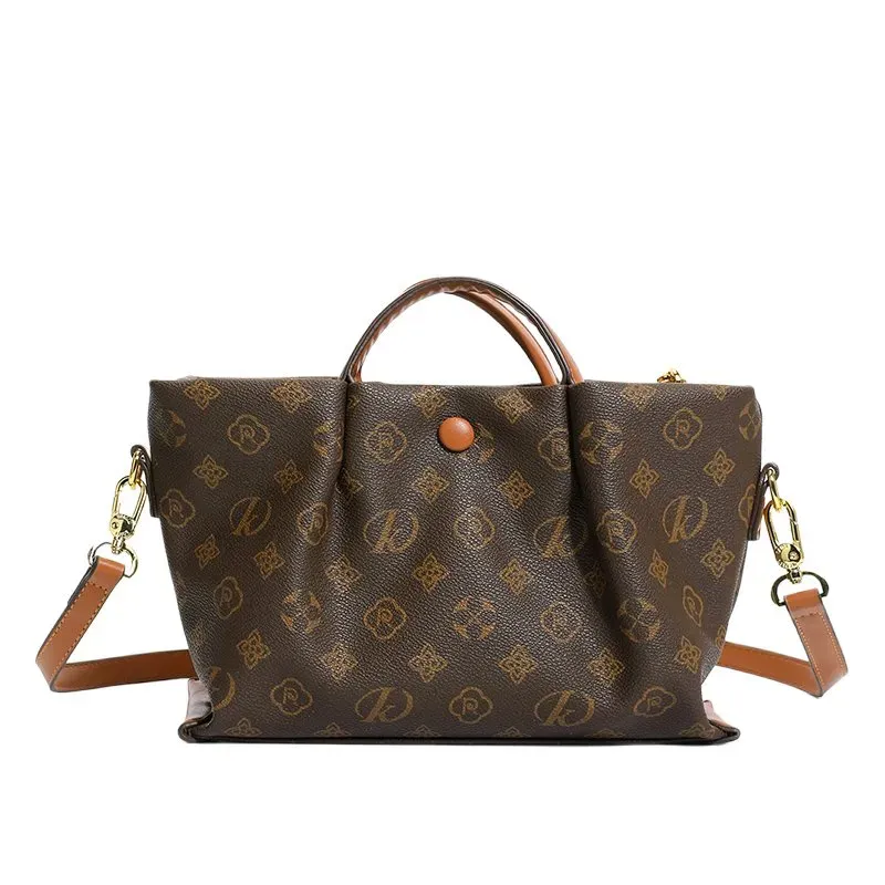 Tas Selempang Wanita Bahan PU Sintetis Motif Print Bentuk Kotak Tali Panjang Warna Beige