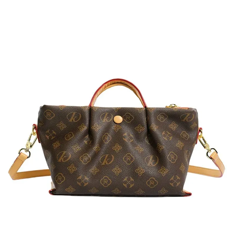 Tas Selempang Wanita Bahan PU Sintetis Motif Print Bentuk Kotak Tali Panjang Warna Beige