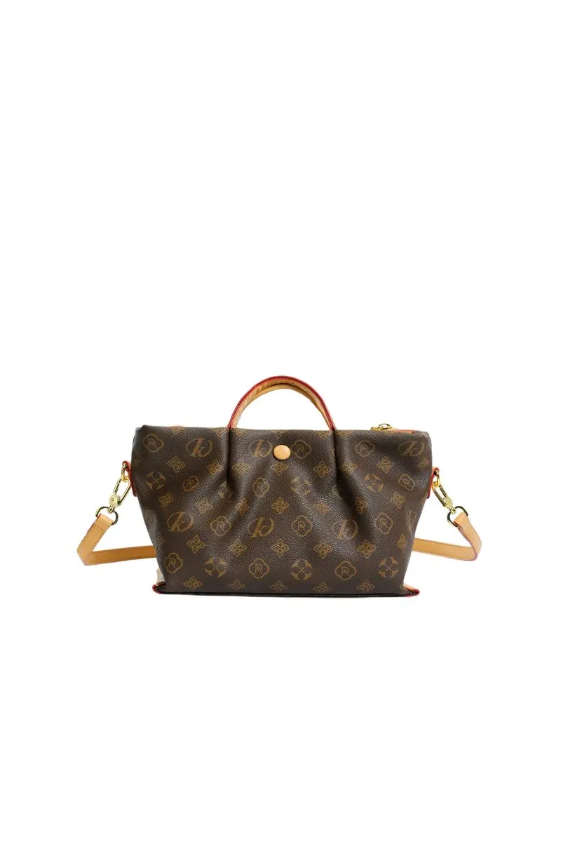 Tas Selempang Wanita Bahan PU Sintetis Motif Print Bentuk Kotak Tali Panjang Warna Beige