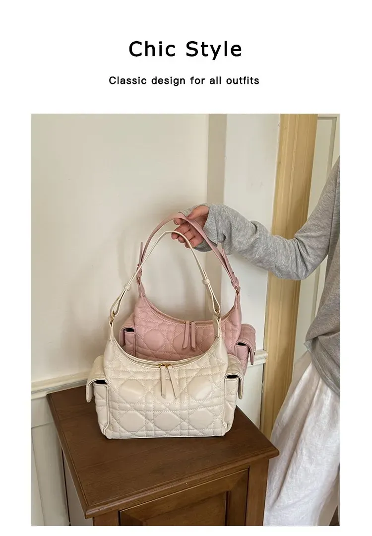 Tas Selempang Wanita Bahan PU Sintetis Model Quilted Warna Putih Model Hobo Tali Stok Grosir