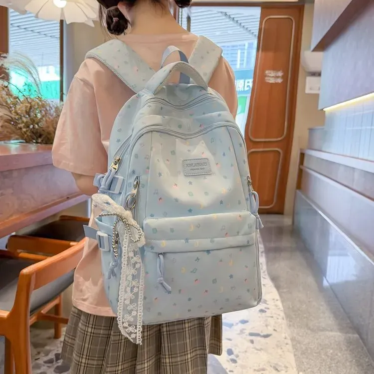Tas Ransel Wanita Bahan Nylon Motif Print Warna Biru Bentuk Kotak Tali Lebar Grosir Import