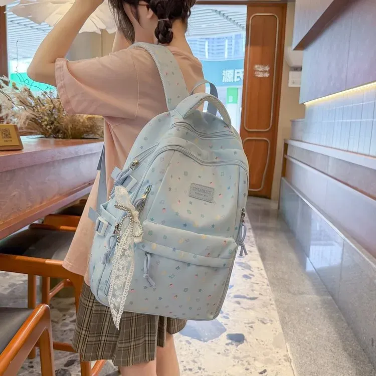 Tas Ransel Wanita Bahan Nylon Motif Print Warna Biru Bentuk Kotak Tali Lebar Grosir Import