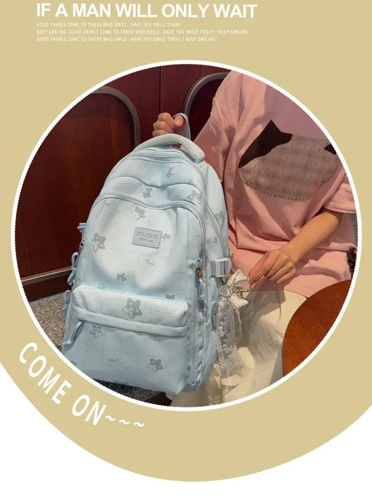 Tas Ransel Wanita Bahan Nylon Motif Print Warna Putih Bentuk Kotak Tali Lebar Harga Grosir