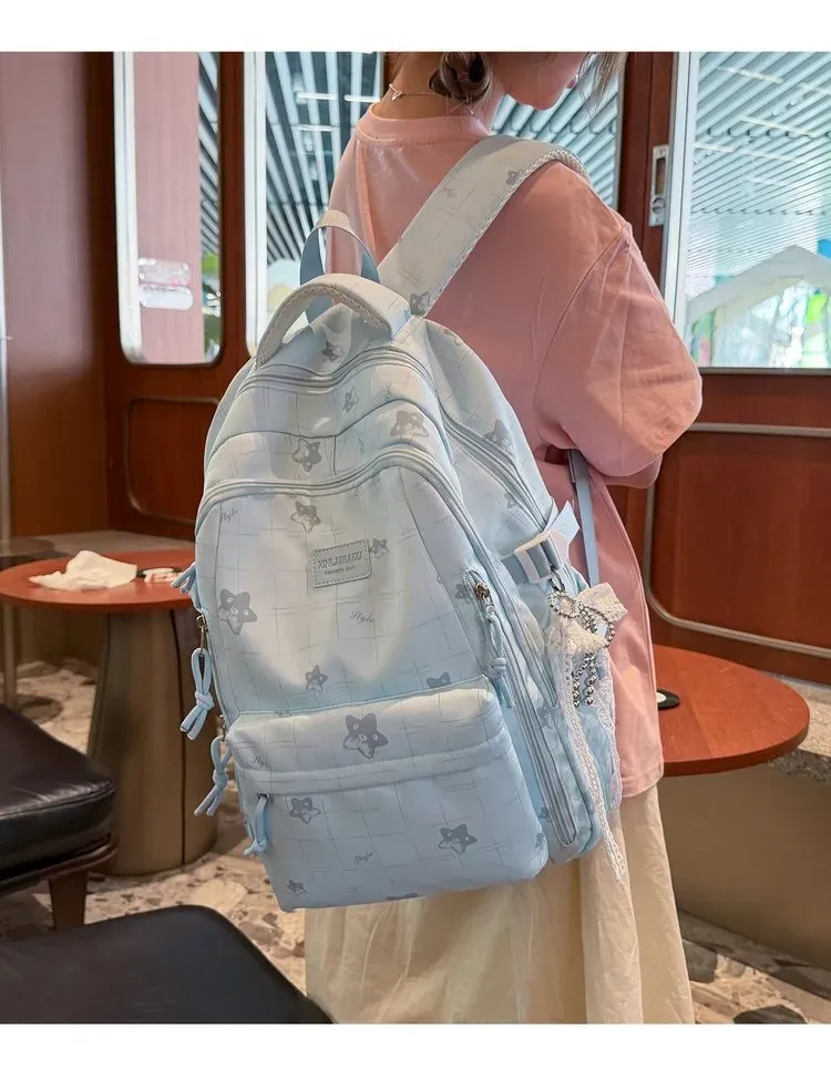 Tas Ransel Wanita Bahan Nylon Motif Print Warna Putih Bentuk Kotak Tali Lebar Harga Grosir