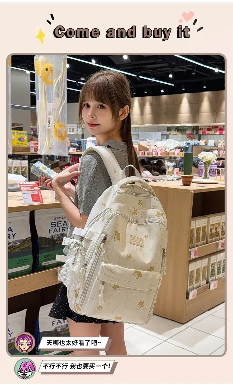 Tas Ransel Wanita Bahan Nylon Motif Print Warna Putih Bentuk Kotak Tali Lebar Harga Grosir