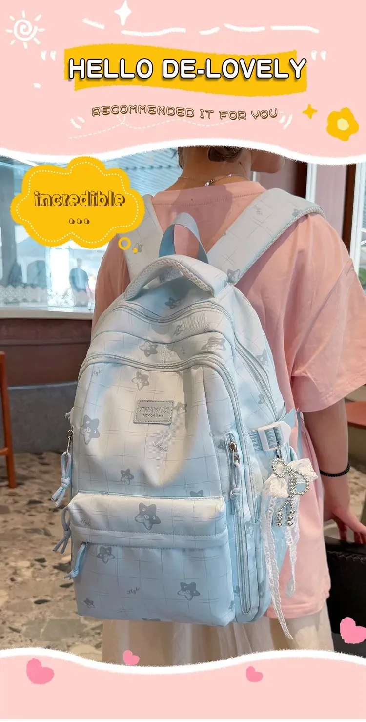 Tas Ransel Wanita Bahan Nylon Motif Print Warna Putih Bentuk Kotak Tali Lebar Harga Grosir