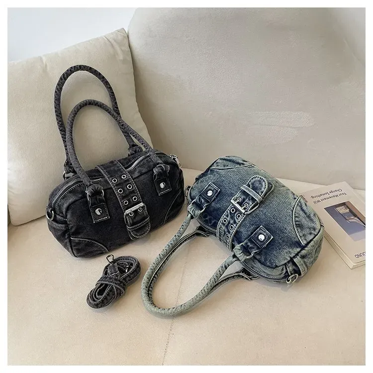 Tas Selempang Wanita Bahan PU Sintetis Polos Warna Biru Model Hobo Tali Panjang Grosir Import