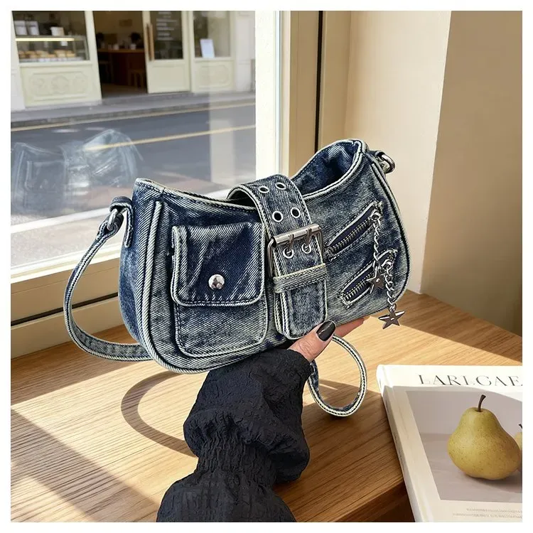 Tas Selempang Wanita Bahan PU Sintetis Polos Warna Biru Model Hobo Tali Panjang Grosir Import