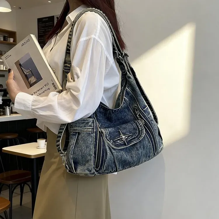 Tas Selempang Wanita Bahan PU Sintetis Polos Warna Biru Model Hobo Tali Panjang Grosir Import