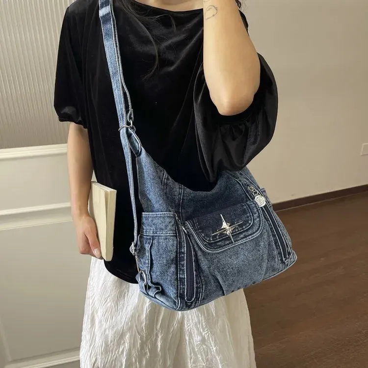 Tas Selempang Wanita Bahan PU Sintetis Polos Warna Biru Model Hobo Tali Panjang Grosir Import