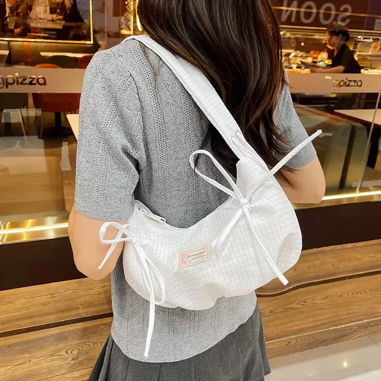 Tas Selempang Wanita Bahan PU Sintetis Motif Print Warna Putih Bentuk Crescent Stok Grosir