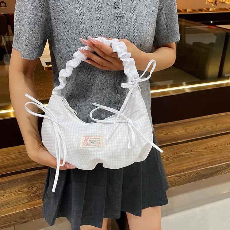 Tas Selempang Wanita Bahan PU Sintetis Motif Print Warna Putih Bentuk Crescent Stok Grosir