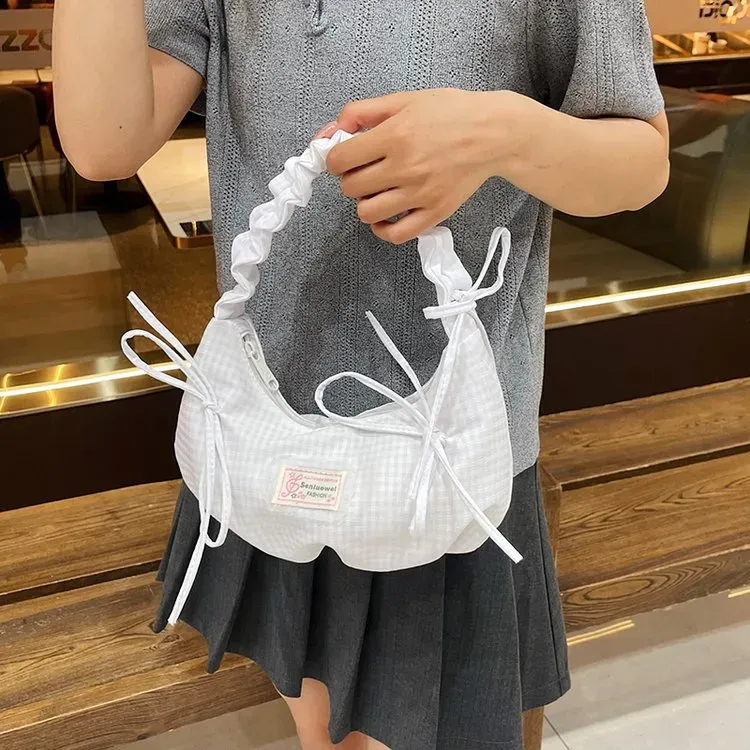 Tas Selempang Wanita Bahan PU Sintetis Motif Print Warna Putih Bentuk Crescent Stok Grosir