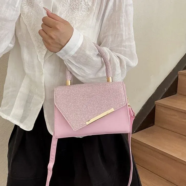 Tas Selempang Wanita Bahan PU Sintetis Polos Warna Pink Bentuk Kotak Tali Rantai Grosir Import