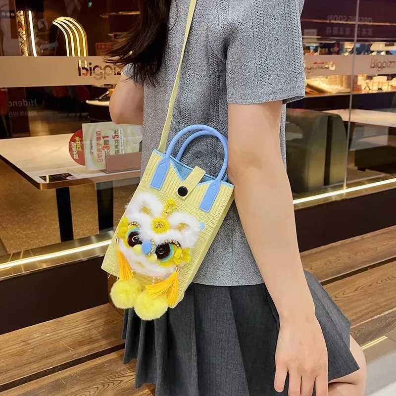 Tas Selempang Wanita Bahan PU Sintetis Polos Warna Kuning Bentuk Kotak Tali untuk Jualan Online