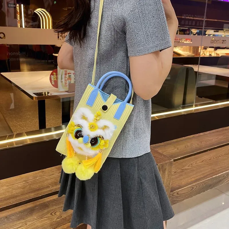 Tas Selempang Wanita Bahan PU Sintetis Polos Warna Kuning Bentuk Kotak Tali untuk Jualan Online
