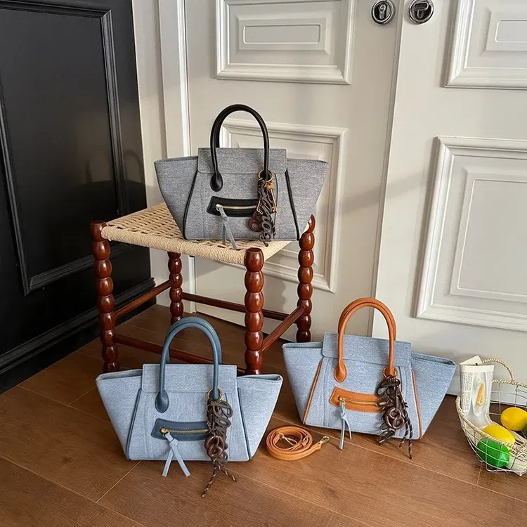 Tas Selempang Wanita Bahan Kain Polos Warna Biru Bentuk Kotak Tali Panjang Grosir Import