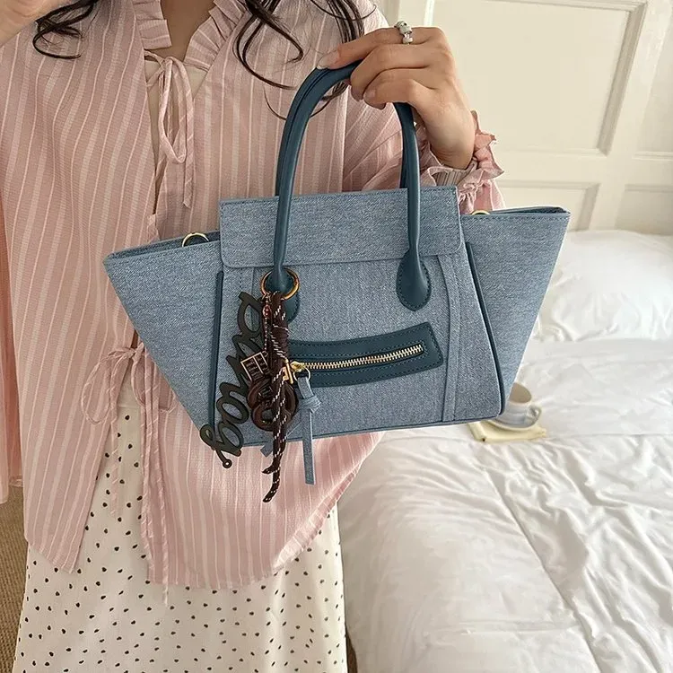 Tas Selempang Wanita Bahan Kain Polos Warna Biru Bentuk Kotak Tali Panjang Grosir Import