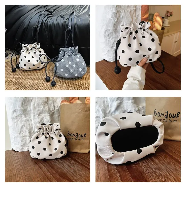 Tas Selempang Wanita Bahan PU Sintetis Motif Polkadot Warna Putih Bentuk Bulat Katalog Grosir