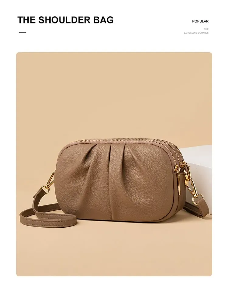 Tas Selempang Wanita Bahan PU Sintetis Polos Warna Cokelat Bentuk Crescent Tali Resleting