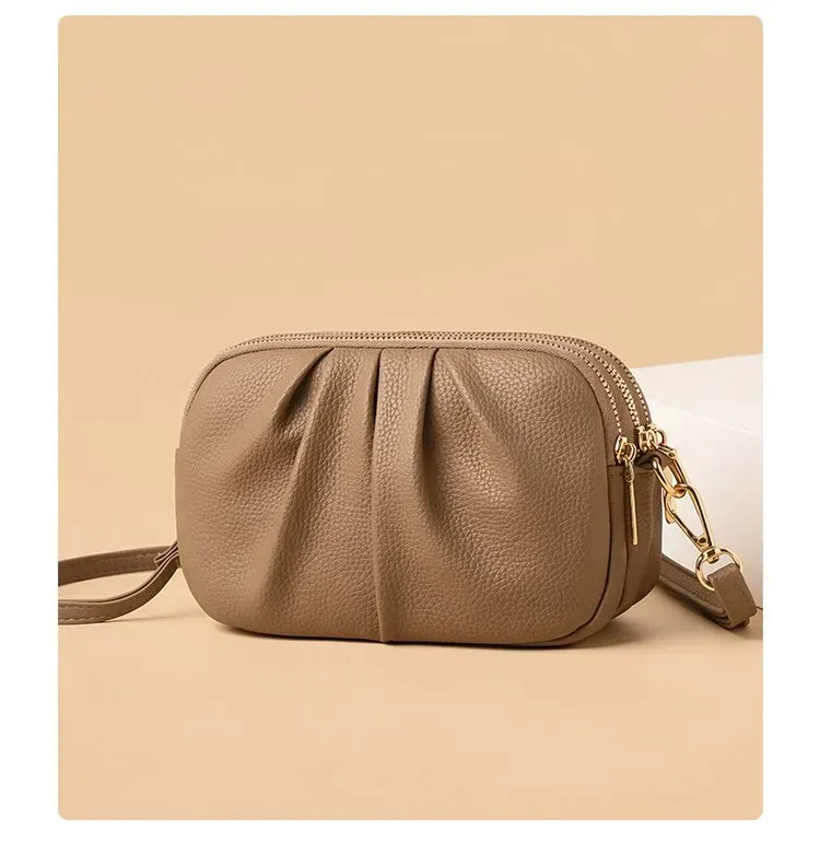 Tas Selempang Wanita Bahan PU Sintetis Polos Warna Cokelat Bentuk Crescent Tali Resleting