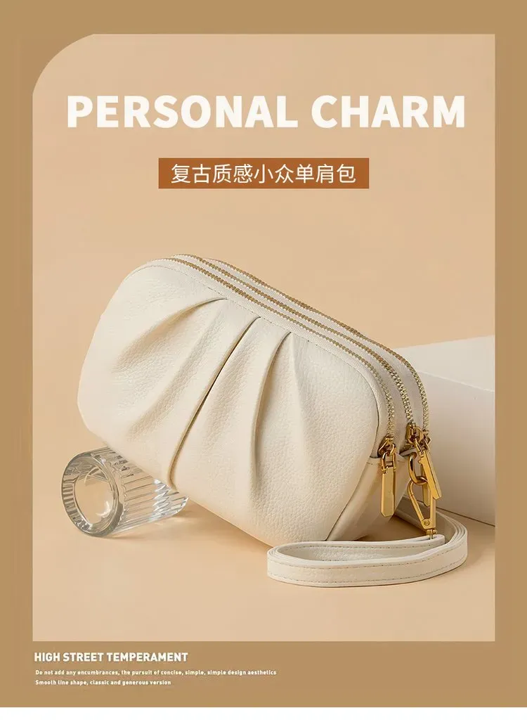Tas Selempang Wanita Bahan PU Sintetis Polos Warna Cokelat Bentuk Crescent Tali Resleting