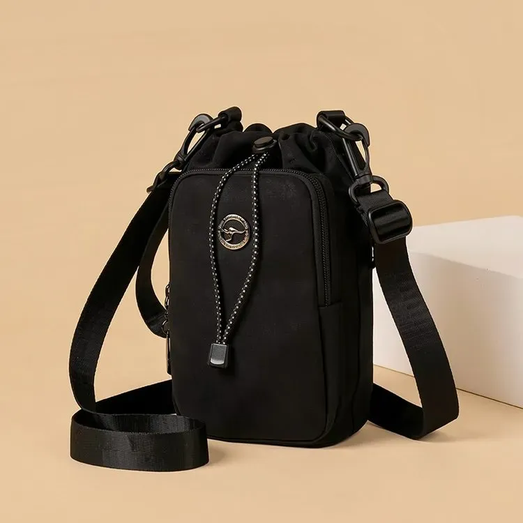 Tas Selempang Wanita Bahan Nylon Polos Warna Hitam Bentuk Kotak Tali Lebar Resleting Grosir