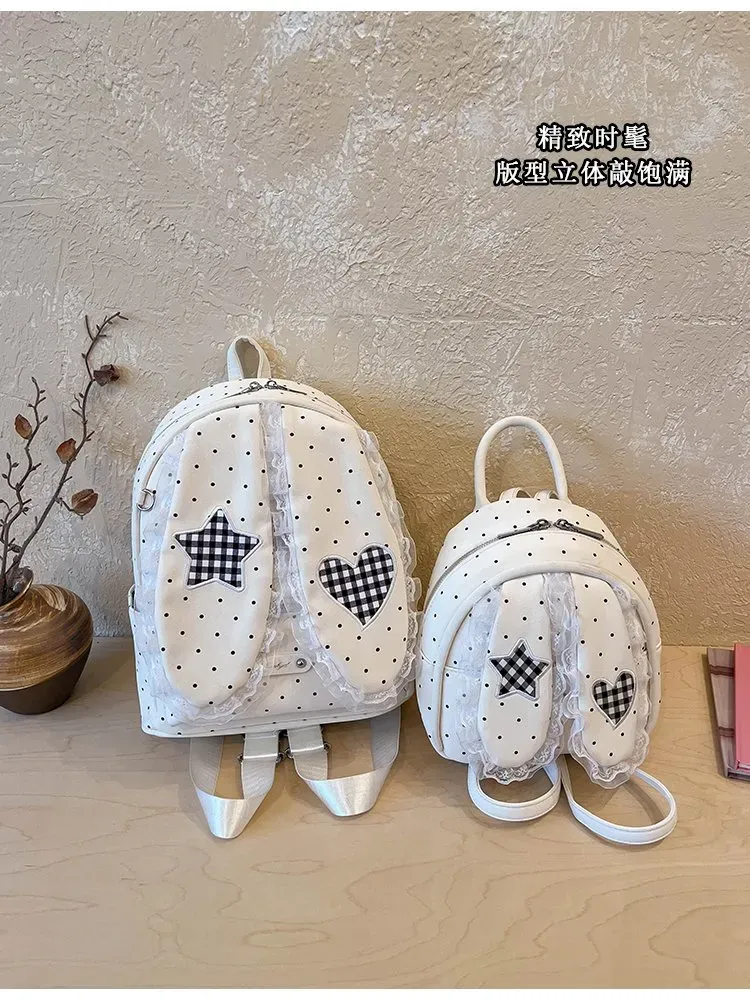 Tas Ransel Wanita Bahan PU Sintetis Motif Polkadot Warna Putih Bentuk Kotak Tali untuk Toko