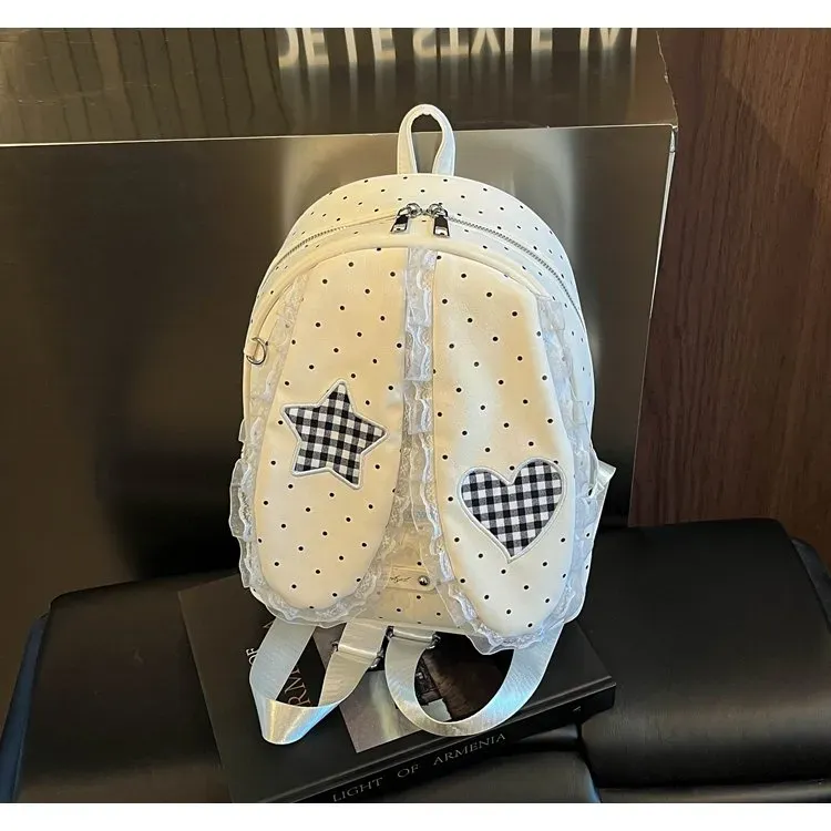 Tas Ransel Wanita Bahan PU Sintetis Motif Polkadot Warna Putih Bentuk Kotak Tali untuk Toko