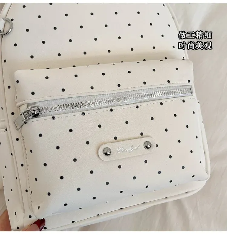Tas Ransel Wanita Bahan PU Sintetis Motif Polkadot Warna Putih Bentuk Kotak Tali untuk Toko