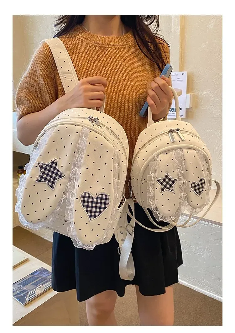 Tas Ransel Wanita Bahan PU Sintetis Motif Polkadot Warna Putih Bentuk Kotak Tali untuk Toko