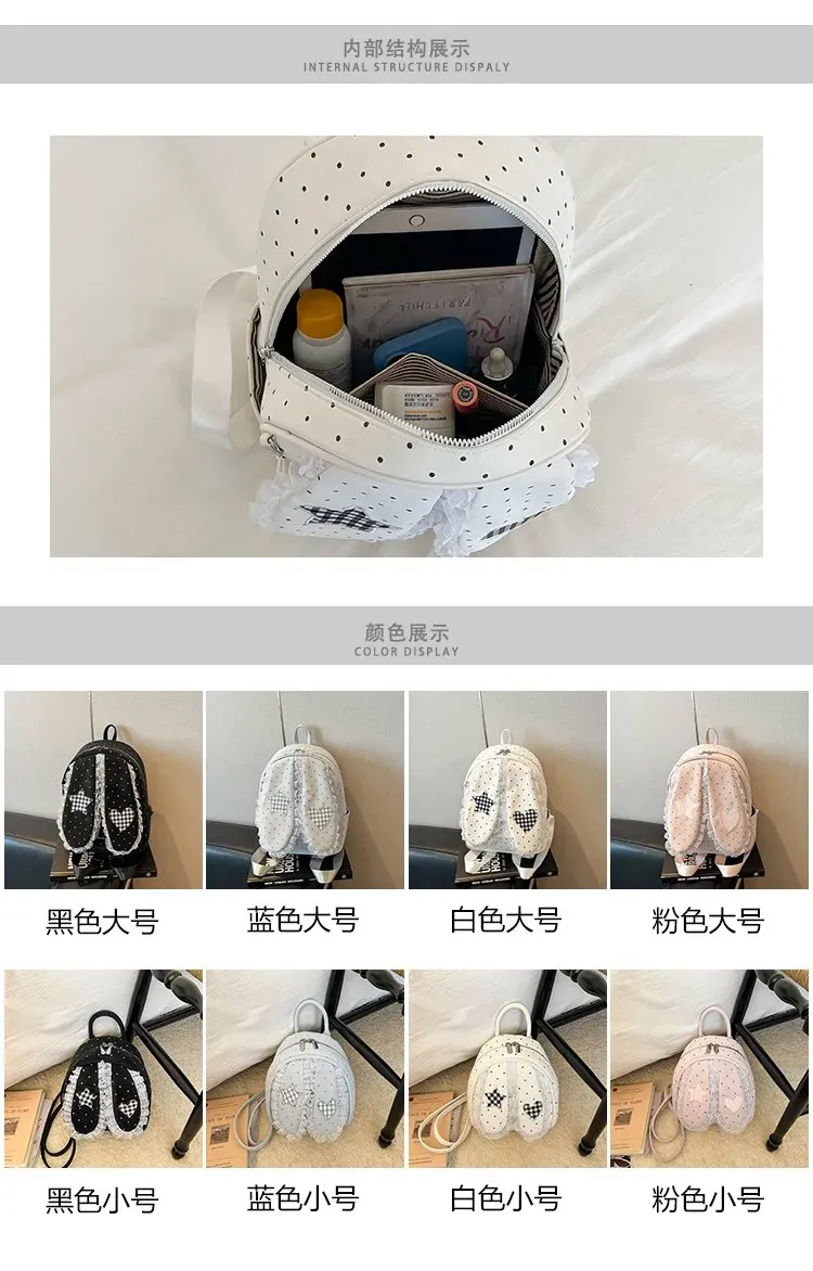 Tas Ransel Wanita Bahan PU Sintetis Motif Polkadot Warna Putih Bentuk Kotak Tali untuk Toko