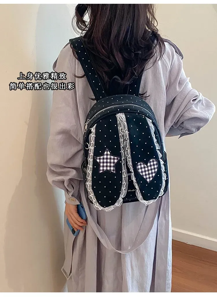 Tas Ransel Wanita Bahan PU Sintetis Motif Polkadot Warna Putih Bentuk Kotak Tali untuk Toko