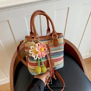 Tas Selempang Wanita Bahan Kain Motif Garis Bentuk Kotak Tali Panjang Resleting Grosir Import