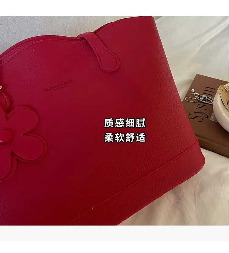 Tas Selempang Wanita Bahan PU Sintetis Polos Warna Merah Bentuk Kotak Tali Lebar Resleting